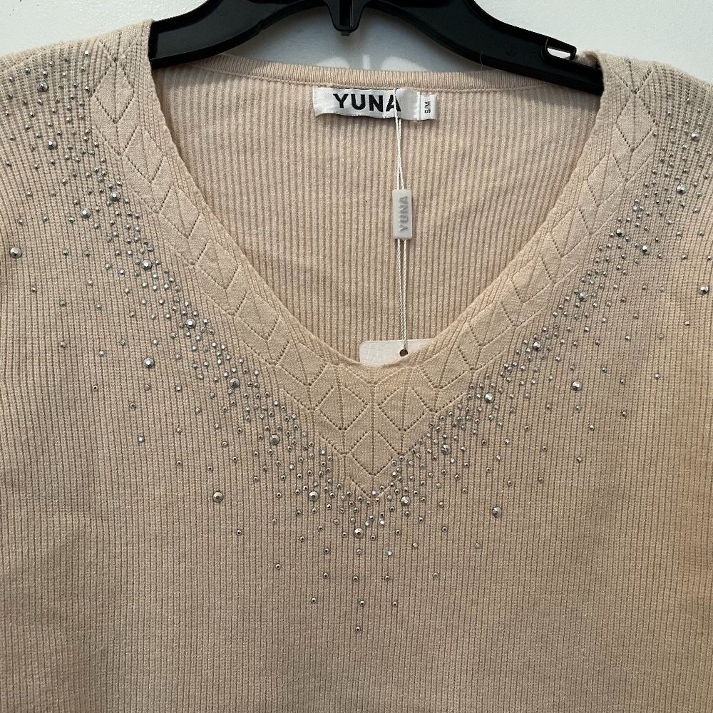 Yuna: V-Neck, Long Sleeve Sweater, Color: Beige, Size: Small/Medium - Picture 2 of 5